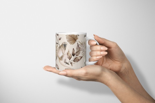 Paul Sinus Art Dekorative Tasse mit schönem Motiv Affe Pflanzen einzigartiges Design Beige Wasserfarben im Angebot
