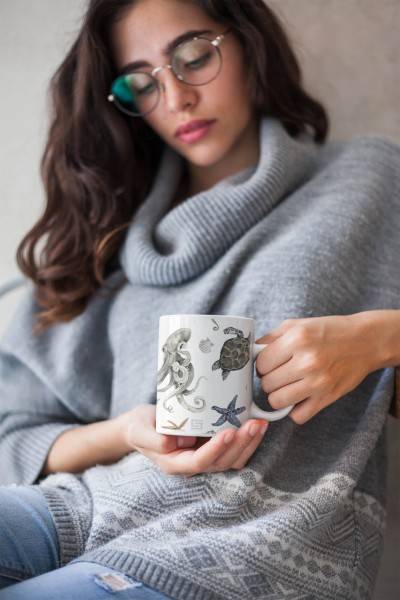 Paul Sinus Art Dekorative Tasse mit schönem Motiv Meerestiere Muster Oktopus Seestern Seeschnecke Muscheln Limitierter Zeitrabatt