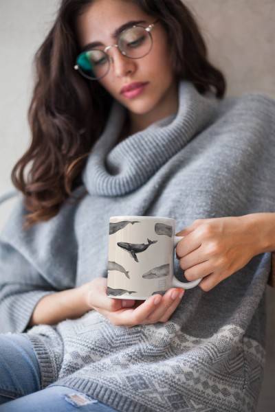 Paul Sinus Art Dekorative Tasse mit schönem Motiv Wale Muster Design Beige Buckelwal Blauwal Pottwal Fabrik Onlineshop