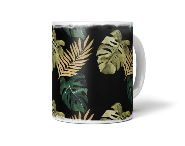 Paul Sinus Art Dekorative Tasse mit schönem Motiv Monstera Fensterblatt Pflanzen Muster Gold Schwarz