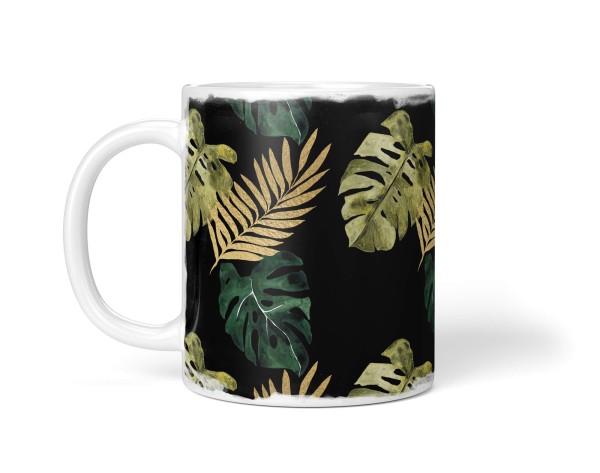 Paul Sinus Art Dekorative Tasse mit schönem Motiv Monstera Fensterblatt Pflanzen Muster Gold Schwarz Großer Ausverkauf