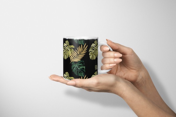 Paul Sinus Art Dekorative Tasse mit schönem Motiv Monstera Fensterblatt Pflanzen Muster Gold Schwarz Großer Ausverkauf