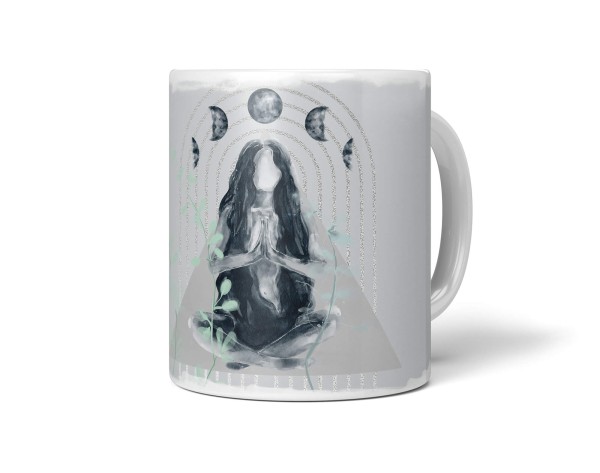 Paul Sinus Art Dekorative Tasse mit schönem Motiv junge Frau Meditation Göttlich Mondphasen Wasserfarben