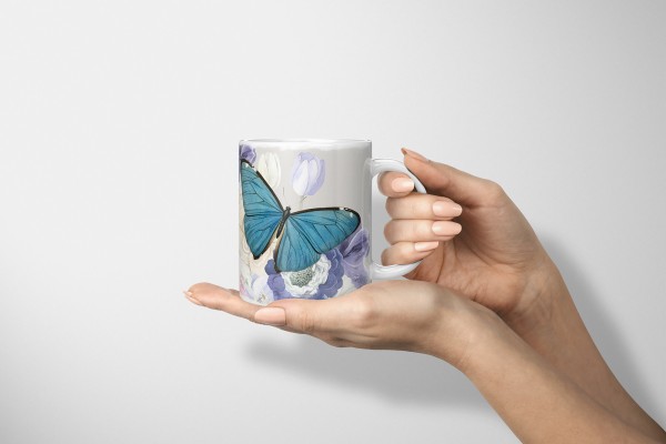 Paul Sinus Art Dekorative Tasse mit schönem Motiv blaue Schmetterlinge Blumen Blüten Sommer Vintage Räumungsverkauf