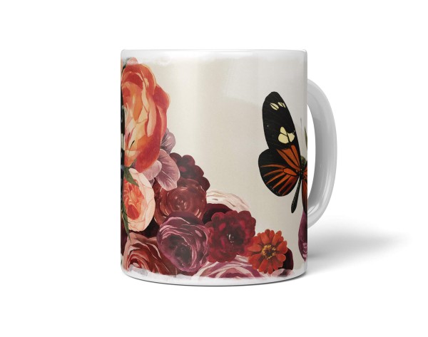 Paul Sinus Art Dekorative Tasse mit schönem Motiv Schmetterlinge Blumen Blüten Rosen Blumenstrauß