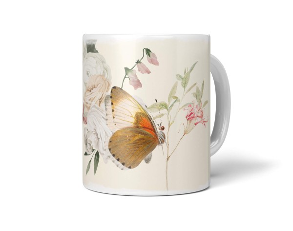 Paul Sinus Art Dekorative Tasse mit schönem Motiv Schmetterling Blumen Blüten Sommer Frühling Beige