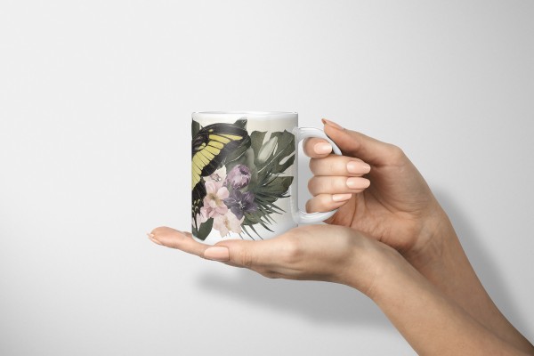 Paul Sinus Art Dekorative Tasse mit schönem Motiv Schmetterling exotische Blumen Pflanzen Kunstvoll Fabrikverkauf