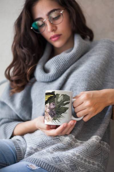 Paul Sinus Art Dekorative Tasse mit schönem Motiv Schmetterling exotische Blumen Pflanzen Kunstvoll Fabrikverkauf