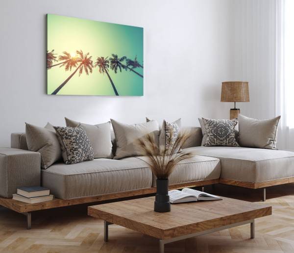 Paul Sinus Art 120x80cm Wandbild auf Leinwand Palmen Kokospalmen Sommer Sonne Himmel Valentinstagsangebot