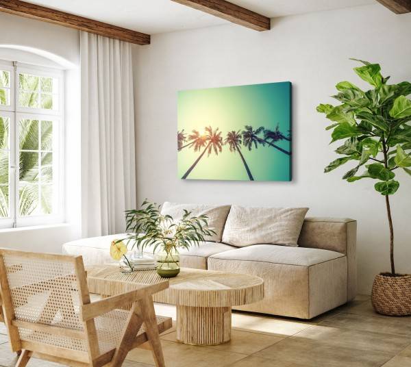 Paul Sinus Art 120x80cm Wandbild auf Leinwand Palmen Kokospalmen Sommer Sonne Himmel Valentinstagsangebot