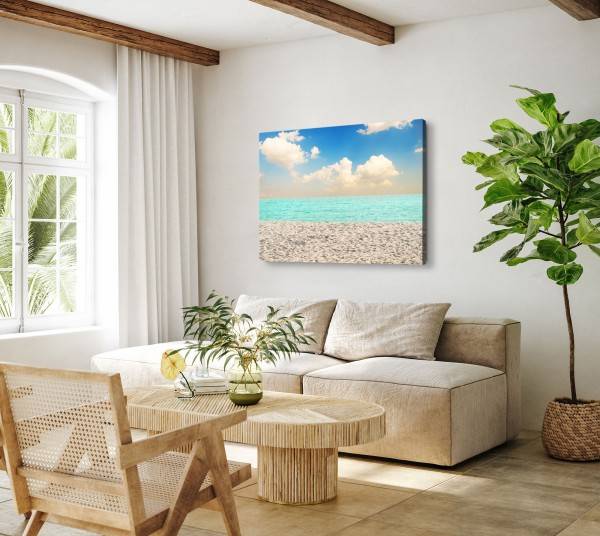 Paul Sinus Art 120x80cm Wandbild auf Leinwand Sandstrand Strand Meer Sonnenschein Sommer Jubiläumsangebot