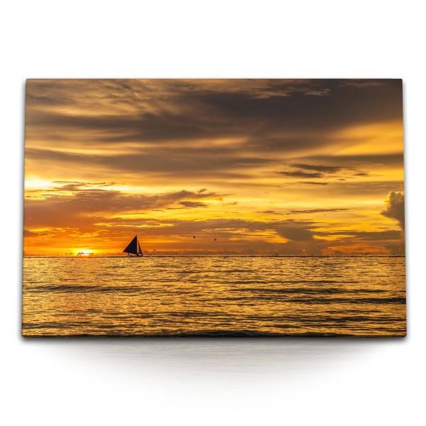 Paul Sinus Art 120x80cm Wandbild auf Leinwand Segelboot Horizont roter Himmel Sonnenuntergang Meer