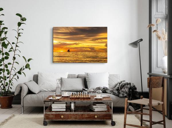 Paul Sinus Art 120x80cm Wandbild auf Leinwand Segelboot Horizont roter Himmel Sonnenuntergang Meer Lagerräumung