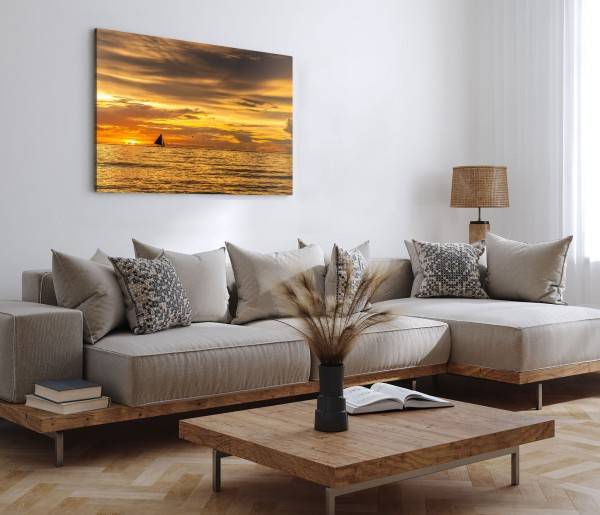 Paul Sinus Art 120x80cm Wandbild auf Leinwand Segelboot Horizont roter Himmel Sonnenuntergang Meer Lagerräumung