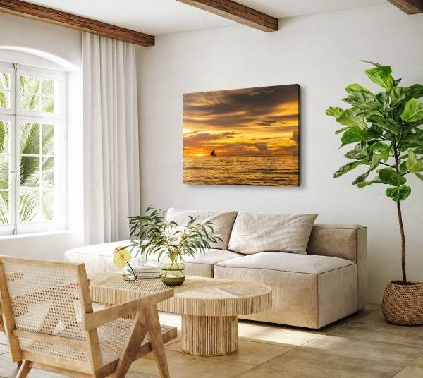 Paul Sinus Art 120x80cm Wandbild auf Leinwand Segelboot Horizont roter Himmel Sonnenuntergang Meer Lagerräumung