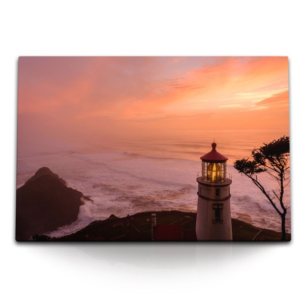 Paul Sinus Art 120x80cm Wandbild auf Leinwand Leuchtturm Ozean Horizont Wellen Abendrot Sonnenuntergang