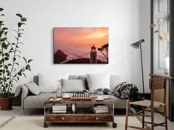 Paul Sinus Art 120x80cm Wandbild auf Leinwand Leuchtturm Ozean Horizont Wellen Abendrot Sonnenuntergang Heißer Verkauf