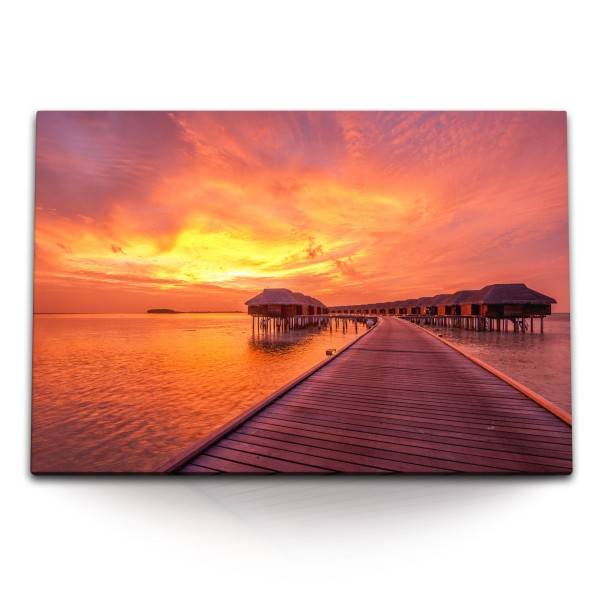 Paul Sinus Art 120x80cm Wandbild auf Leinwand Malediven Wasserbungalows roter Himmel Sonnenuntergang