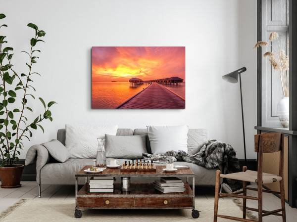 Paul Sinus Art 120x80cm Wandbild auf Leinwand Malediven Wasserbungalows roter Himmel Sonnenuntergang Top Angebot