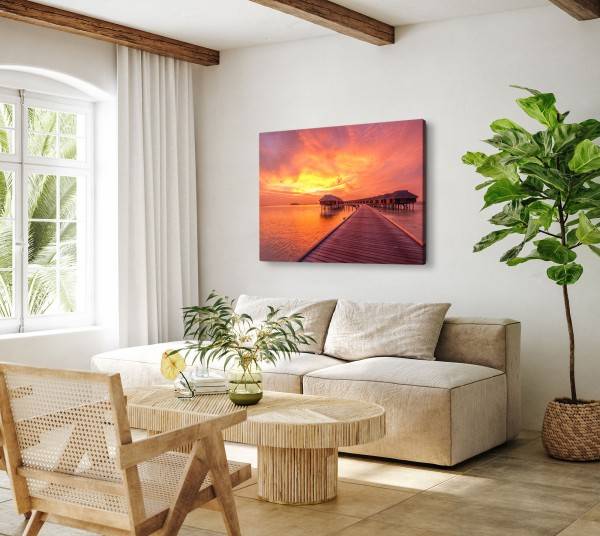 Paul Sinus Art 120x80cm Wandbild auf Leinwand Malediven Wasserbungalows roter Himmel Sonnenuntergang Top Angebot