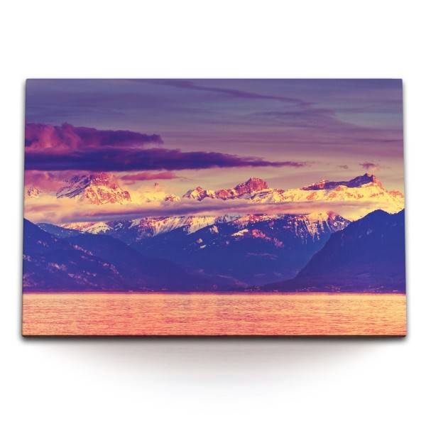 Paul Sinus Art 120x80cm Wandbild auf Leinwand Berge See Schneegipfel Blau Sonnenuntergang Natur