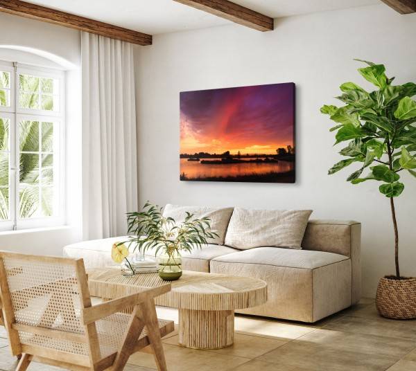 Paul Sinus Art 120x80cm Wandbild auf Leinwand Natur See Abenddämmerung Sonnenuntergang Abendröte Blitzangebot