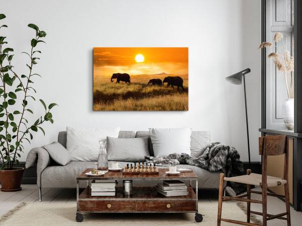 Paul Sinus Art 120x80cm Wandbild auf Leinwand Afrikanische Landschaft Elefanten Tierfotografie Safari Bestseller