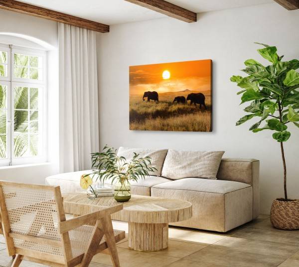 Paul Sinus Art 120x80cm Wandbild auf Leinwand Afrikanische Landschaft Elefanten Tierfotografie Safari Bestseller