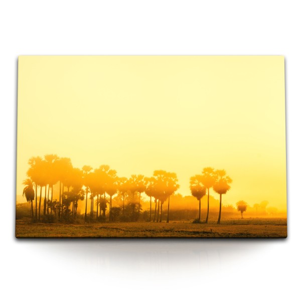 Paul Sinus Art 120x80cm Wandbild auf Leinwand Wüstenoase Oase Rot Palmen Bäume Sonnenschein