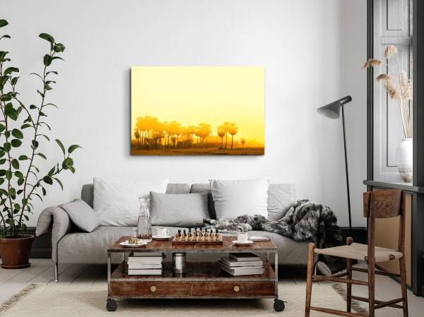 Paul Sinus Art 120x80cm Wandbild auf Leinwand Wüstenoase Oase Rot Palmen Bäume Sonnenschein Räumungsverkauf