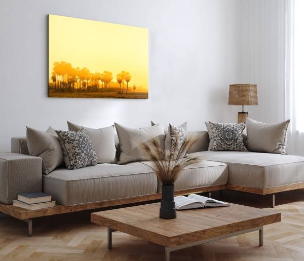 Paul Sinus Art 120x80cm Wandbild auf Leinwand Wüstenoase Oase Rot Palmen Bäume Sonnenschein Räumungsverkauf
