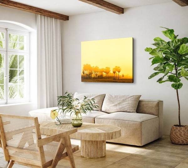 Paul Sinus Art 120x80cm Wandbild auf Leinwand Wüstenoase Oase Rot Palmen Bäume Sonnenschein Räumungsverkauf
