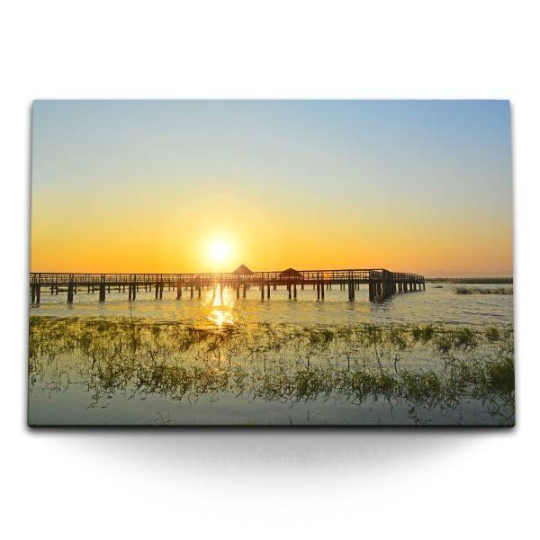 Paul Sinus Art 120x80cm Wandbild auf Leinwand Sonnenuntergang Thailand Holzsteg roter Horizont Meer