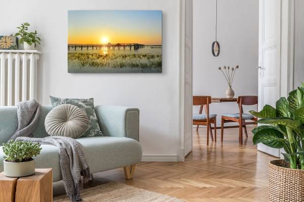 Paul Sinus Art 120x80cm Wandbild auf Leinwand Sonnenuntergang Thailand Holzsteg roter Horizont Meer VIP-Rabatte