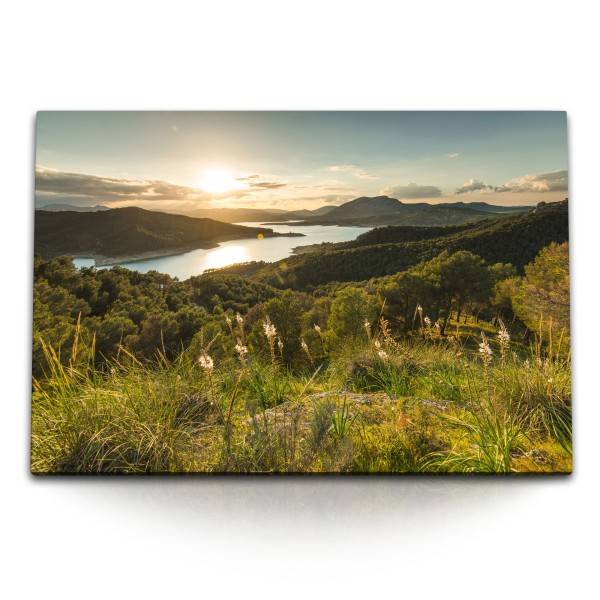 Paul Sinus Art 120x80cm Wandbild auf Leinwand Sonnenuntergang Berge See Natur Landschaft