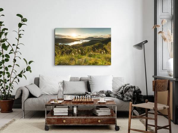 Paul Sinus Art 120x80cm Wandbild auf Leinwand Sonnenuntergang Berge See Natur Landschaft Tiefpreis