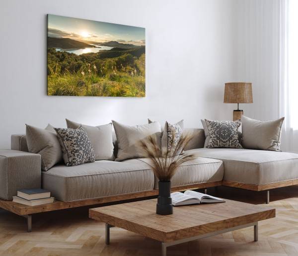 Paul Sinus Art 120x80cm Wandbild auf Leinwand Sonnenuntergang Berge See Natur Landschaft Tiefpreis