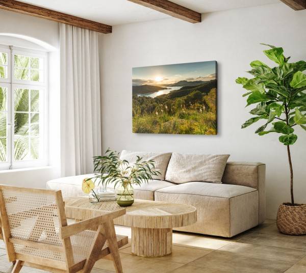 Paul Sinus Art 120x80cm Wandbild auf Leinwand Sonnenuntergang Berge See Natur Landschaft Tiefpreis
