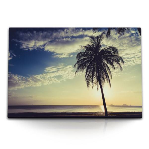 Paul Sinus Art 120x80cm Wandbild auf Leinwand Palme Kokospalme Sonnenuntergang Meer Karibik