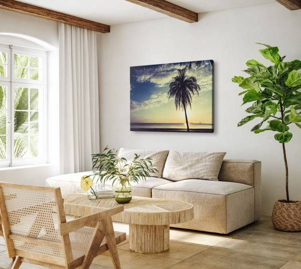 Paul Sinus Art 120x80cm Wandbild auf Leinwand Palme Kokospalme Sonnenuntergang Meer Karibik Super Sparpreis