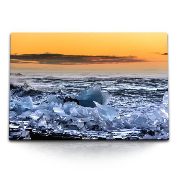 Paul Sinus Art 120x80cm Wandbild auf Leinwand Eisschollen Eis Meer Strand roter Himmel Norden