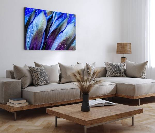 Paul Sinus Art 120x80cm Wandbild auf Leinwand Makrofotografie Blumen Blüten Regentropfen Blau Bis zu 50% Rabatt