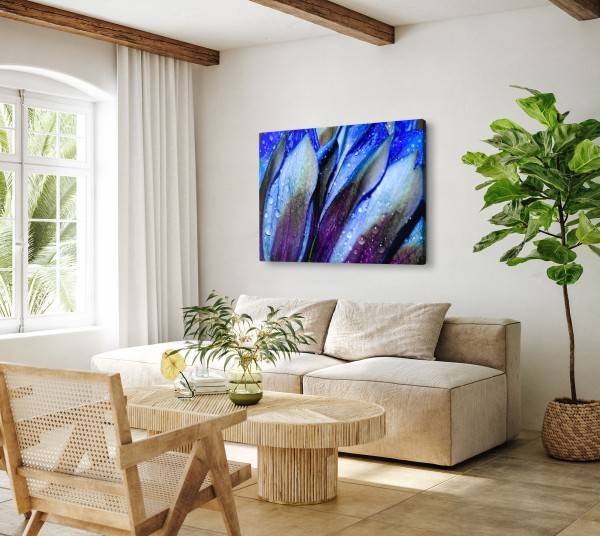 Paul Sinus Art 120x80cm Wandbild auf Leinwand Makrofotografie Blumen Blüten Regentropfen Blau Bis zu 50% Rabatt