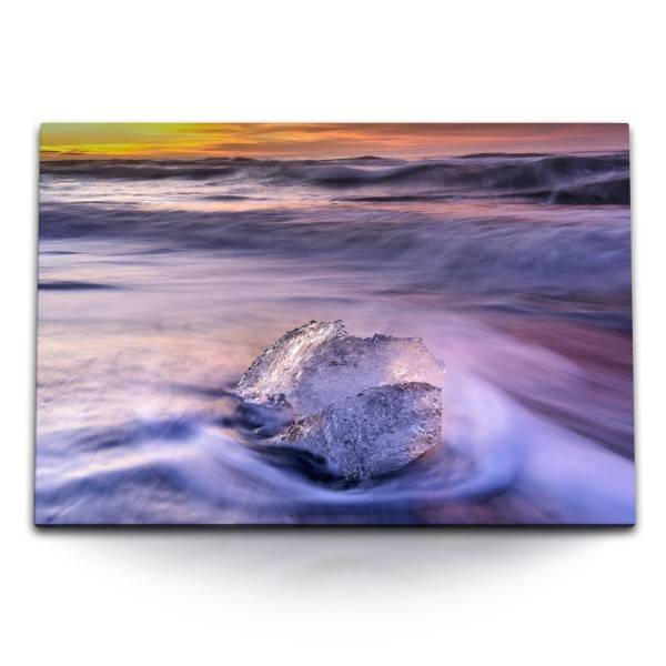 Paul Sinus Art 120x80cm Wandbild auf Leinwand Eis am Strand Meer Wellen roter Himmel Abendrot
