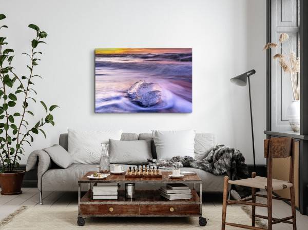Paul Sinus Art 120x80cm Wandbild auf Leinwand Eis am Strand Meer Wellen roter Himmel Abendrot Riesige Rabatte