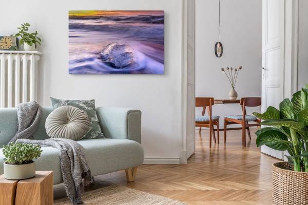 Paul Sinus Art 120x80cm Wandbild auf Leinwand Eis am Strand Meer Wellen roter Himmel Abendrot Riesige Rabatte