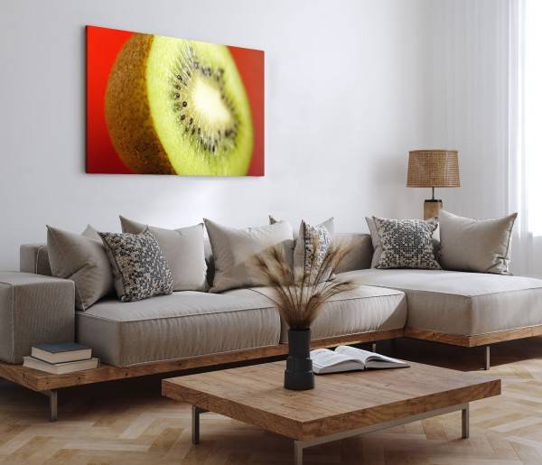 Paul Sinus Art 120x80cm Wandbild auf Leinwand Nahaufnahme Kiwi Grün Rot Kunstvoll Küchenbild Kostenloser Versand international