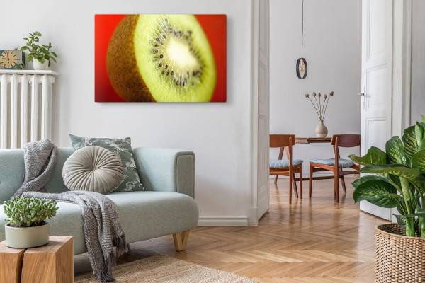 Paul Sinus Art 120x80cm Wandbild auf Leinwand Nahaufnahme Kiwi Grün Rot Kunstvoll Küchenbild Kostenloser Versand international