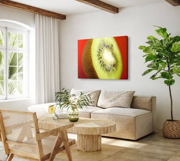 Paul Sinus Art 120x80cm Wandbild auf Leinwand Nahaufnahme Kiwi Grün Rot Kunstvoll Küchenbild Kostenloser Versand international