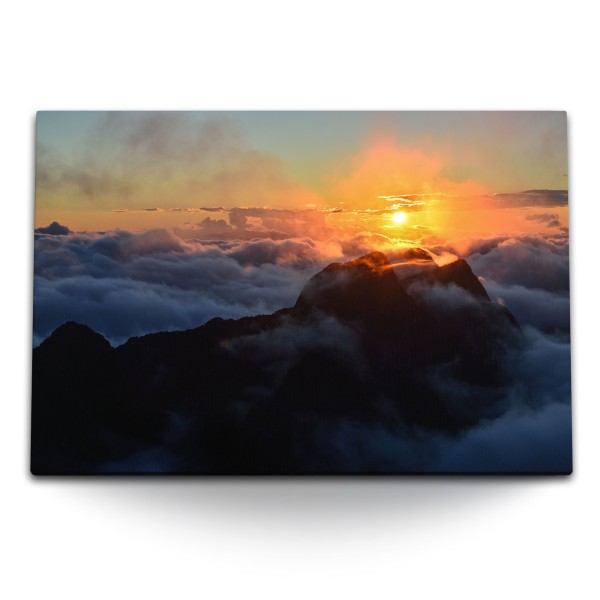 Paul Sinus Art 120x80cm Wandbild auf Leinwand Berggipfel über den Wolken Sonnenuntergang Abendrot